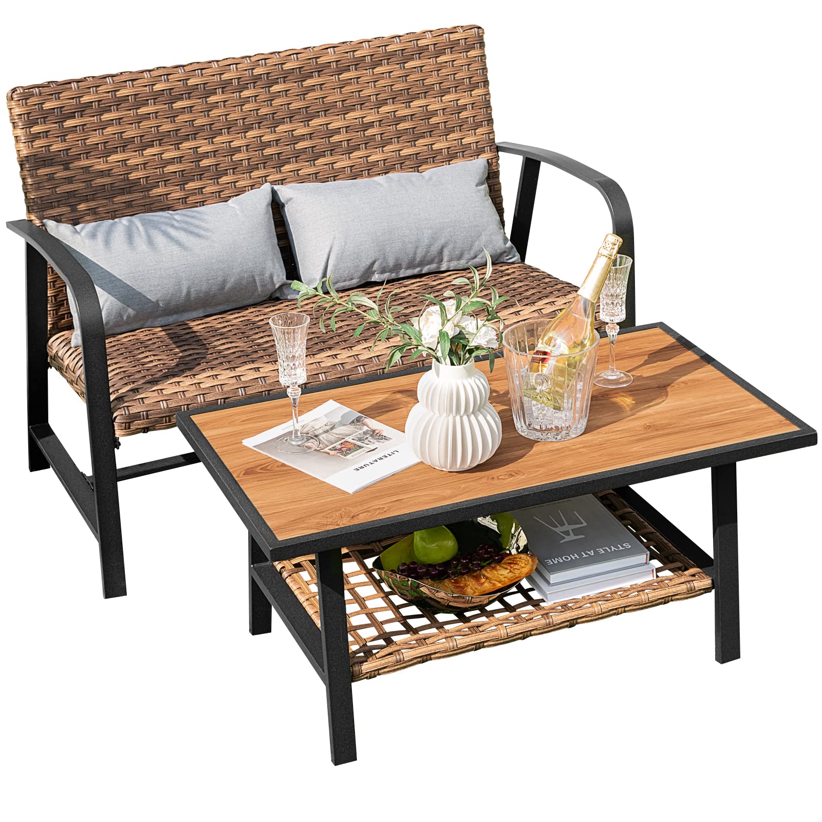 Ensemble de mobilier de jardin en osier Tangkula 2 pièces avec coussin en fibre d'air 4D